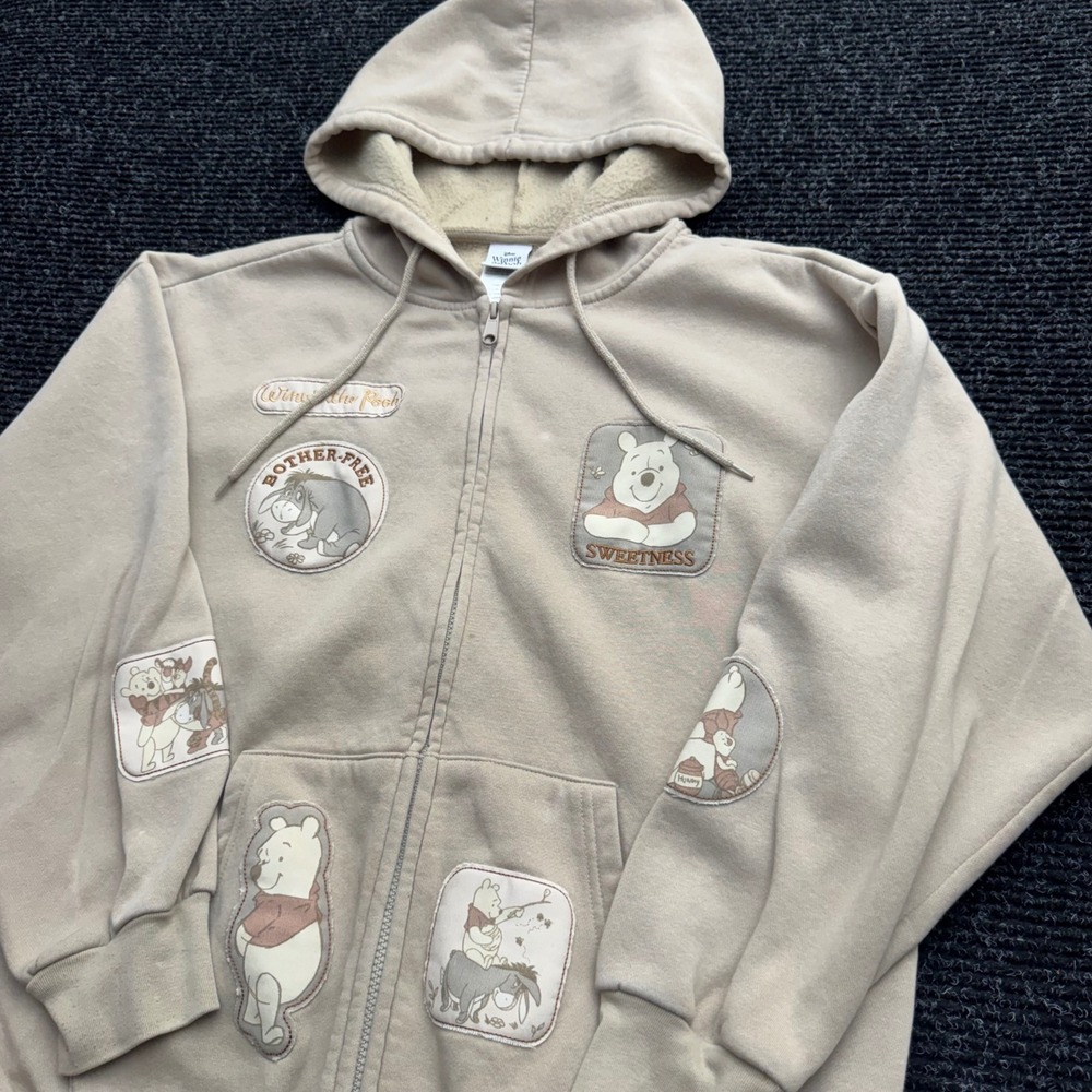 Disney Winnie the Pooh Eeyore Full Zip Hoodie Tan Beige Character Patch Large - Picture 7 of 16